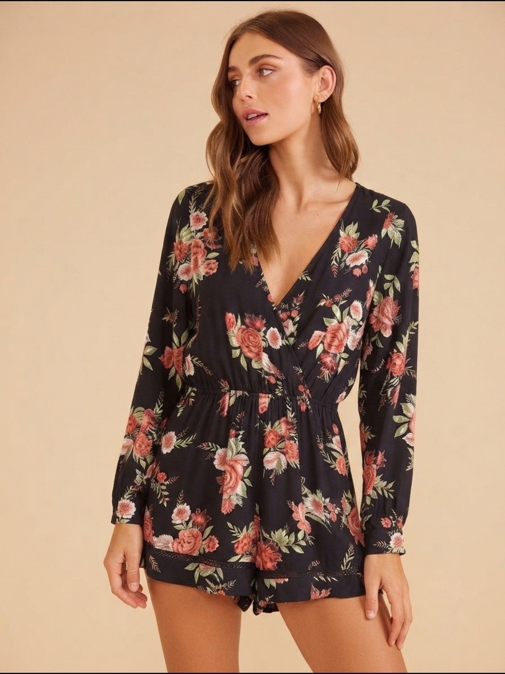 MinkPink Floral Long Sleeve Romper - Size Medium - Black V-Neck Playsuit